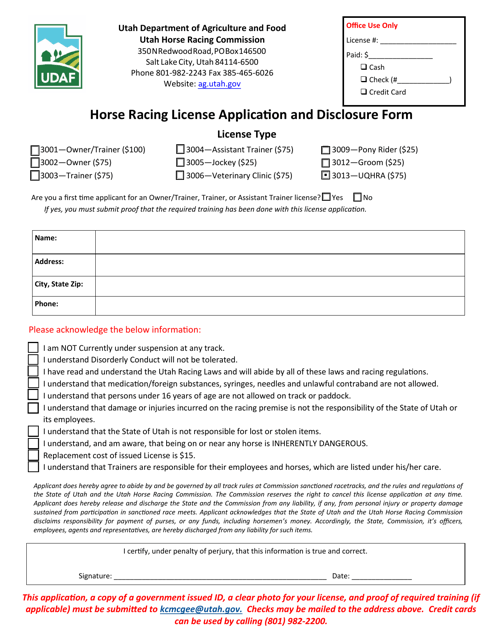 Utah Horse Racing License Application and Disclosure Form Download