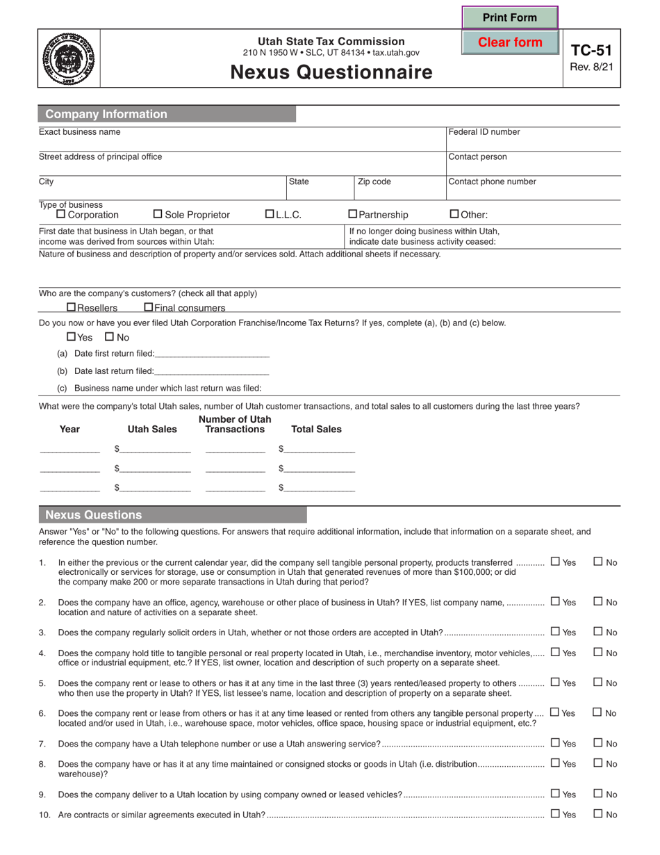 Form TC51 Download Fillable PDF or Fill Online Nexus Questionnaire