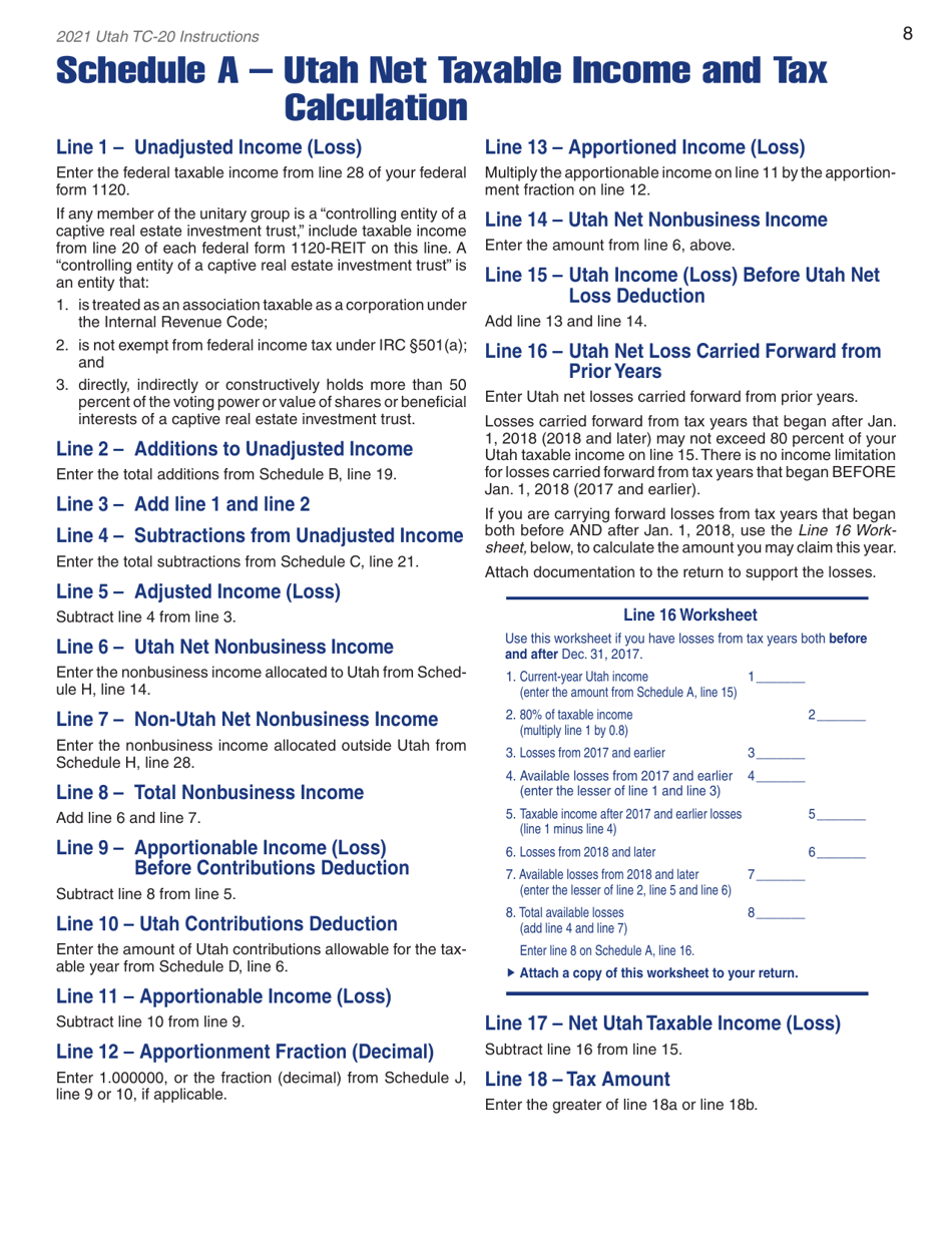 Instructions for Form TC-20 Utah Corporation Franchise and Income Tax Return - Utah, Page 10