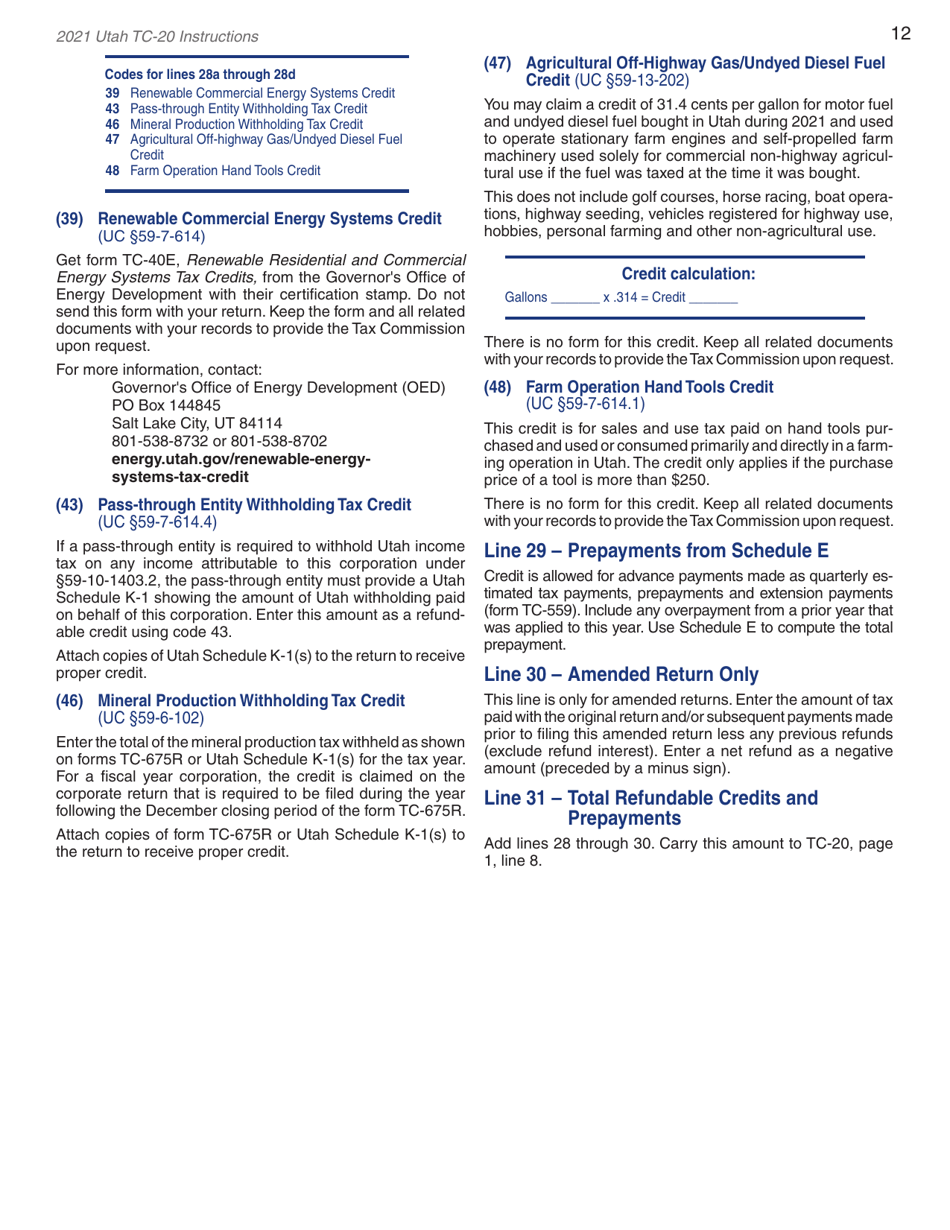 Instructions for Form TC-20 Utah Corporation Franchise and Income Tax Return - Utah, Page 14