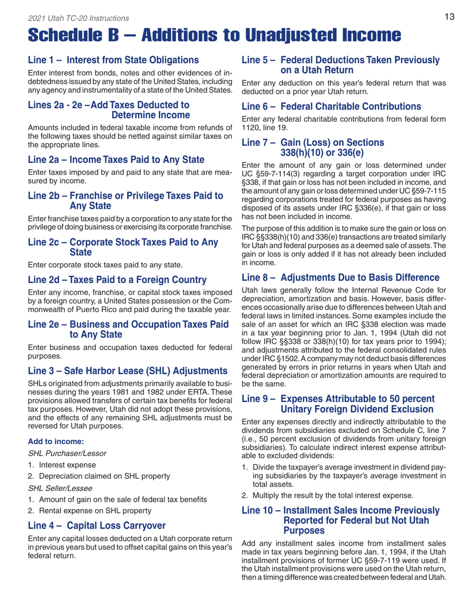 Instructions for Form TC-20 Utah Corporation Franchise and Income Tax Return - Utah, Page 15