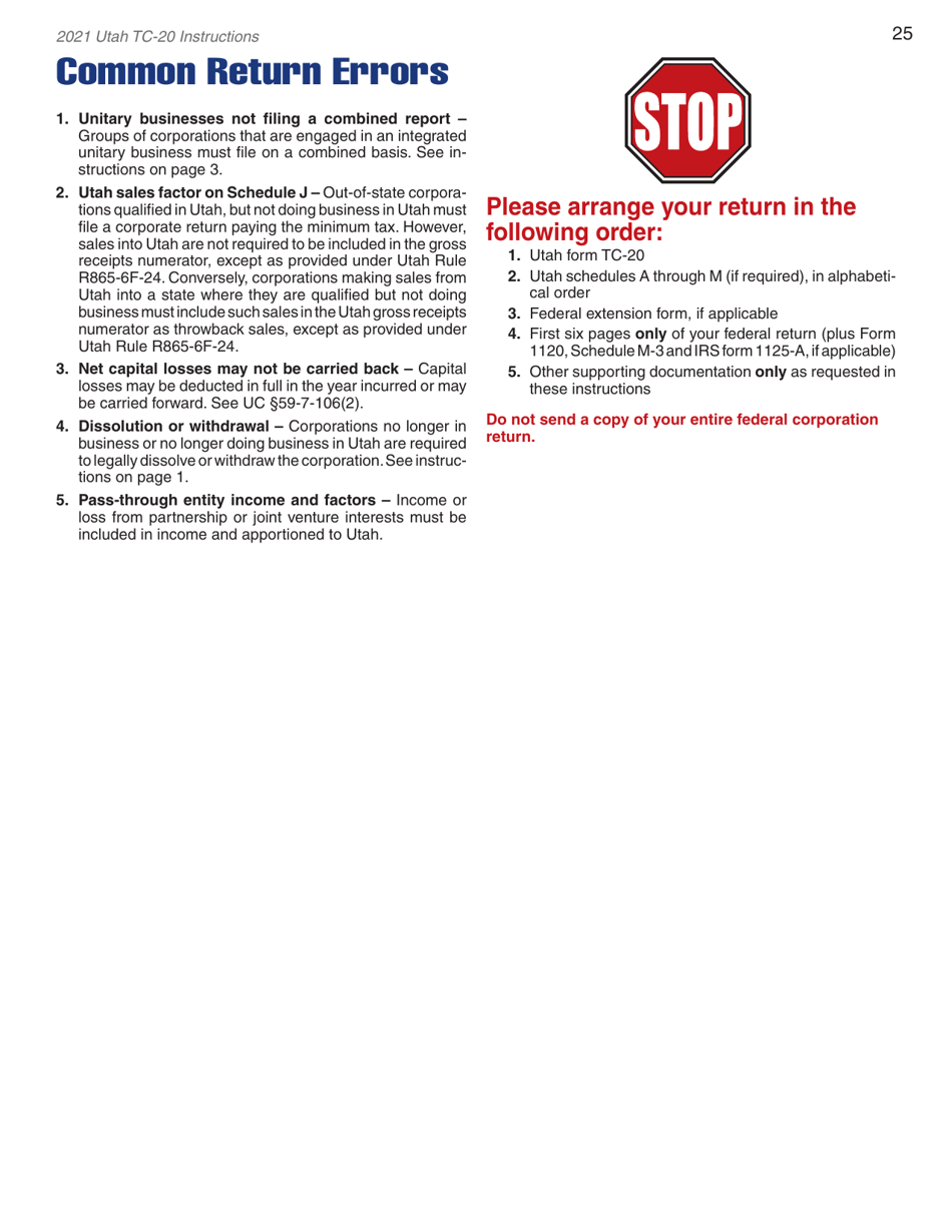 Instructions for Form TC-20 Utah Corporation Franchise and Income Tax Return - Utah, Page 27