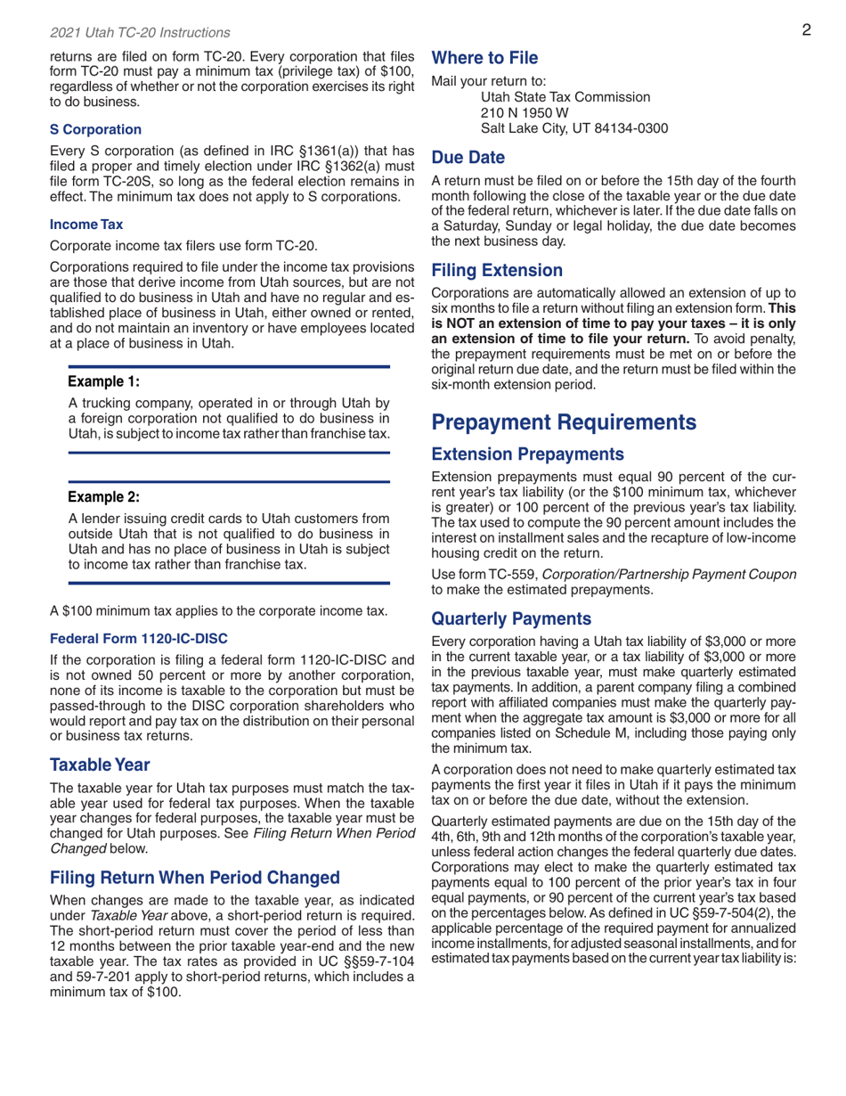 Instructions for Form TC-20 Utah Corporation Franchise and Income Tax Return - Utah, Page 4