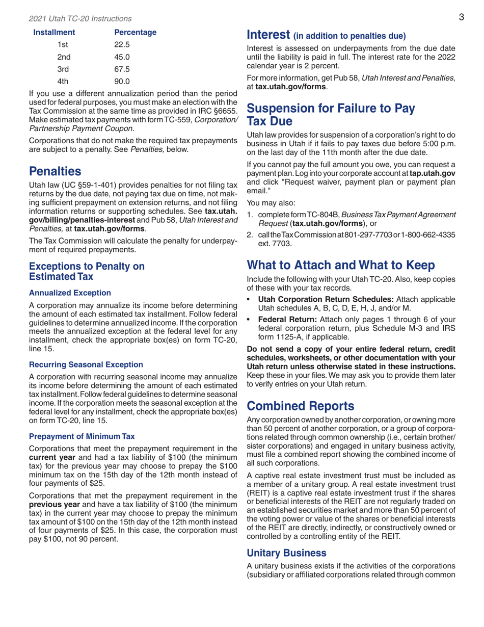 Instructions for Form TC-20 Utah Corporation Franchise and Income Tax Return - Utah, Page 5