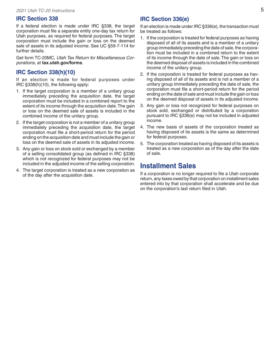 Instructions for Form TC-20 Utah Corporation Franchise and Income Tax Return - Utah, Page 7