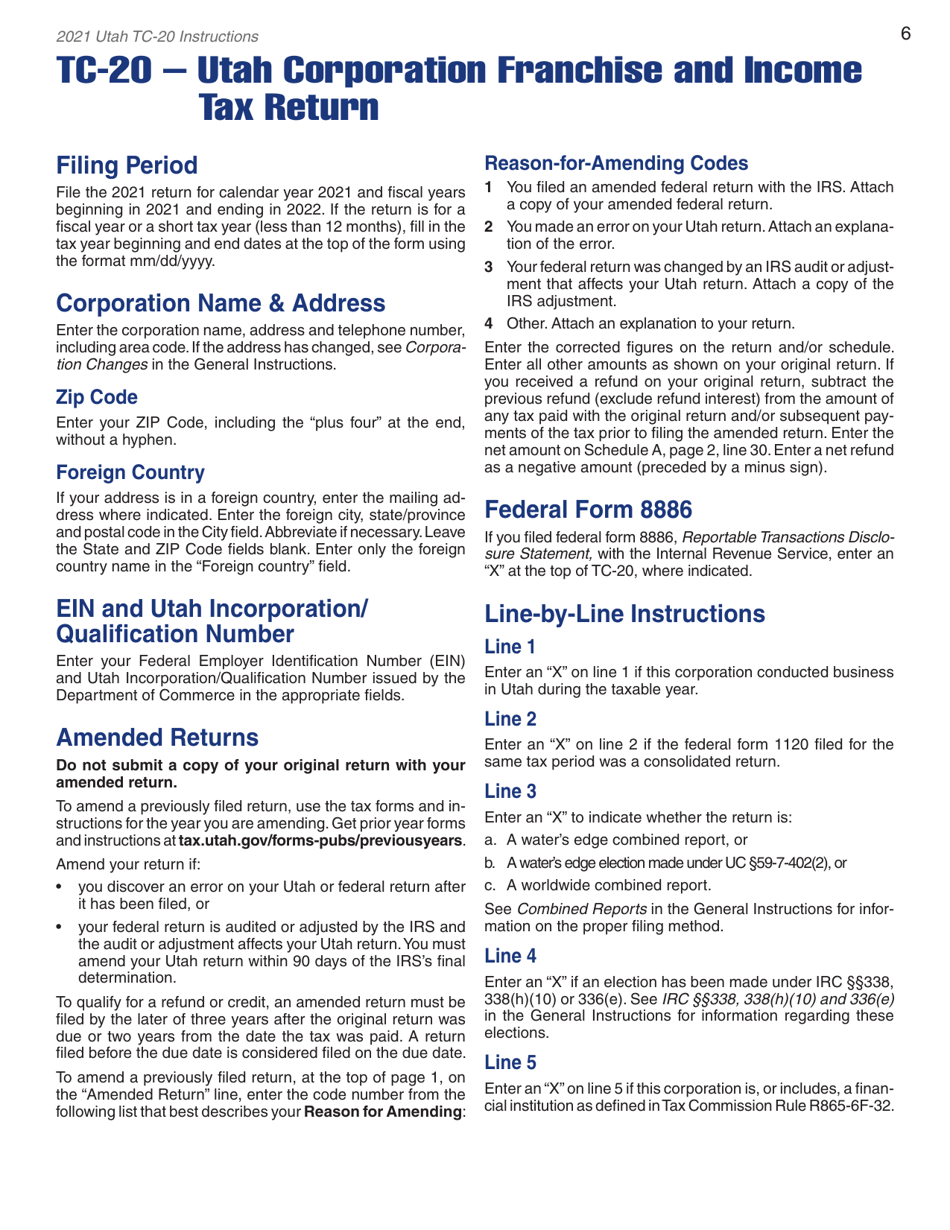 Instructions for Form TC-20 Utah Corporation Franchise and Income Tax Return - Utah, Page 8
