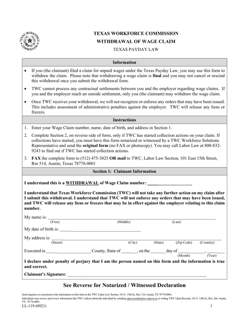 Form LL-119 Withdrawal of Wage Claim - Texas