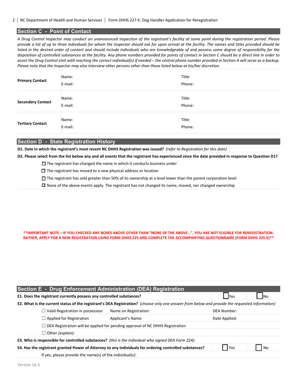 Form DHHS227-E Dog Handler Application for Renewal - North Carolina, Page 2