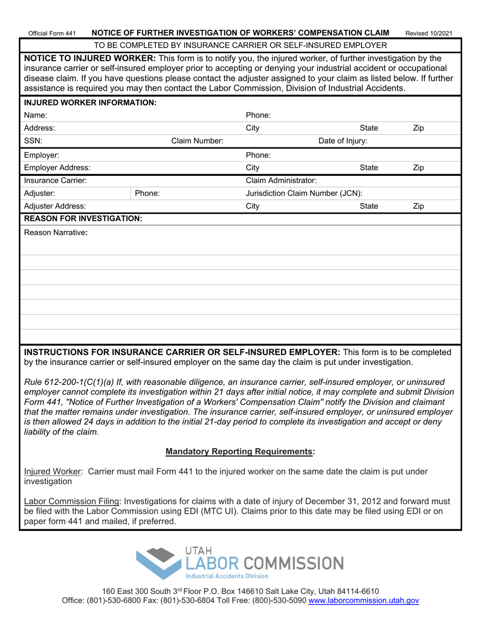 Official Form 441 Notice of Further Investigation of Wokers Compensation Claim - Utah, Page 1