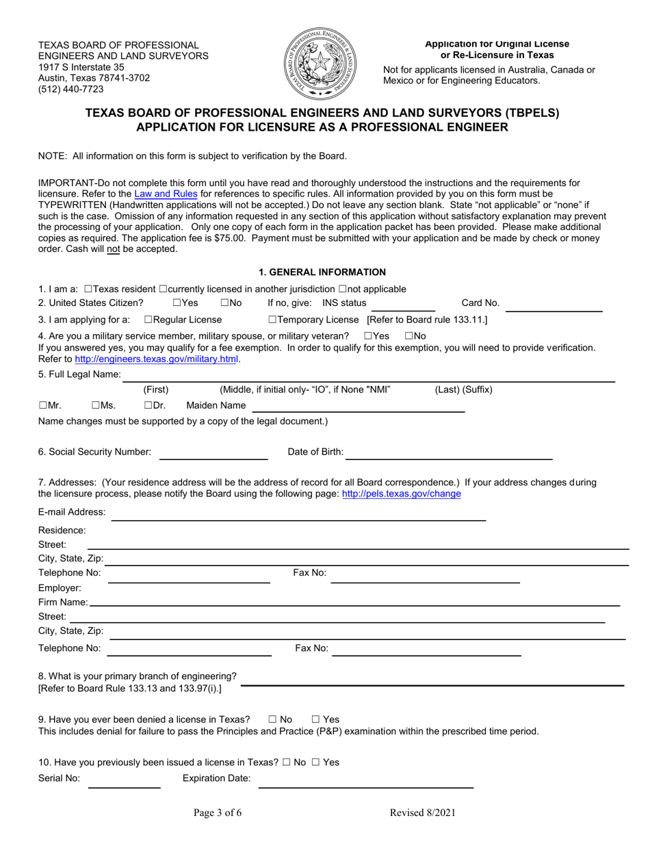 Application for Licensure as a Professional Engineer - Texas, Page 3