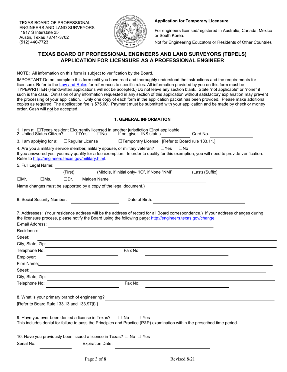 Application for Licensure as a Professional Engineer - Temporary Licensure - Texas, Page 3