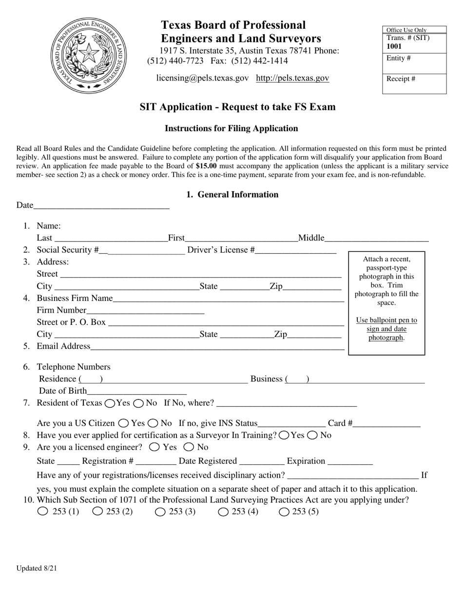 Sit Application - Request to Take Fs Exam - Texas, Page 1
