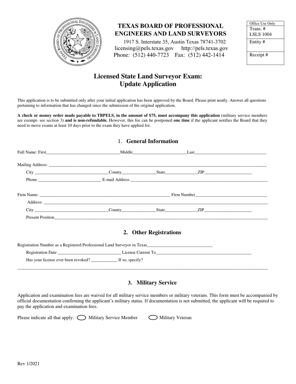 Texas Licensed State Land Surveyor Exam Update Application Fill Out