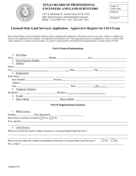 &quot;Licensed State Land Surveyor Application - Approval to Register for Lsls Exam&quot; - Texas