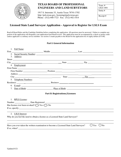 Licensed State Land Surveyor Application - Approval to Register for Lsls Exam - Texas Download Pdf