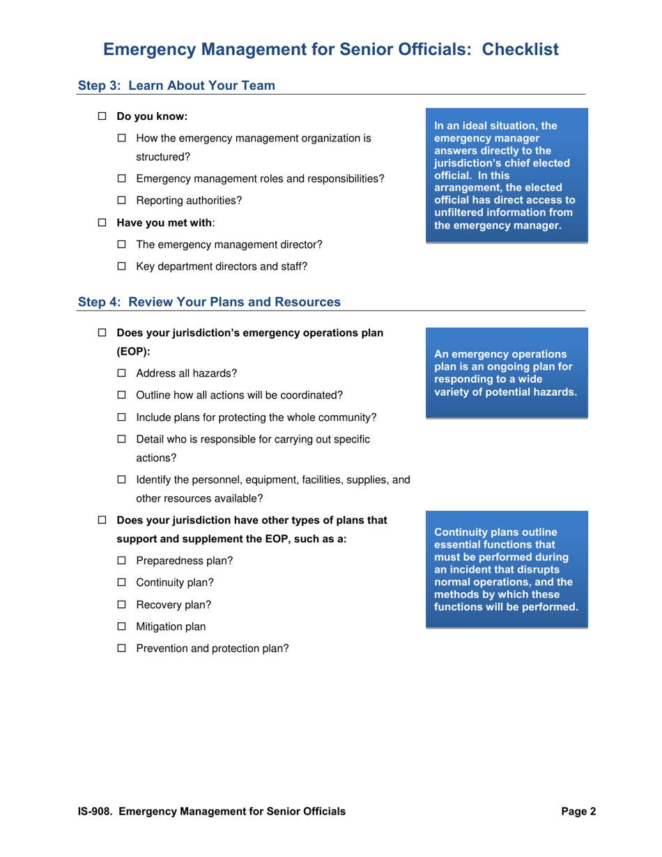 Form IS-908 Emergency Management for Senior Officials: Checklist, Page 2
