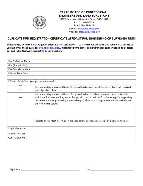 Duplicate Firm Registration Certificate Affidavit for Engineering or Surveying Firms - Texas Download Pdf
