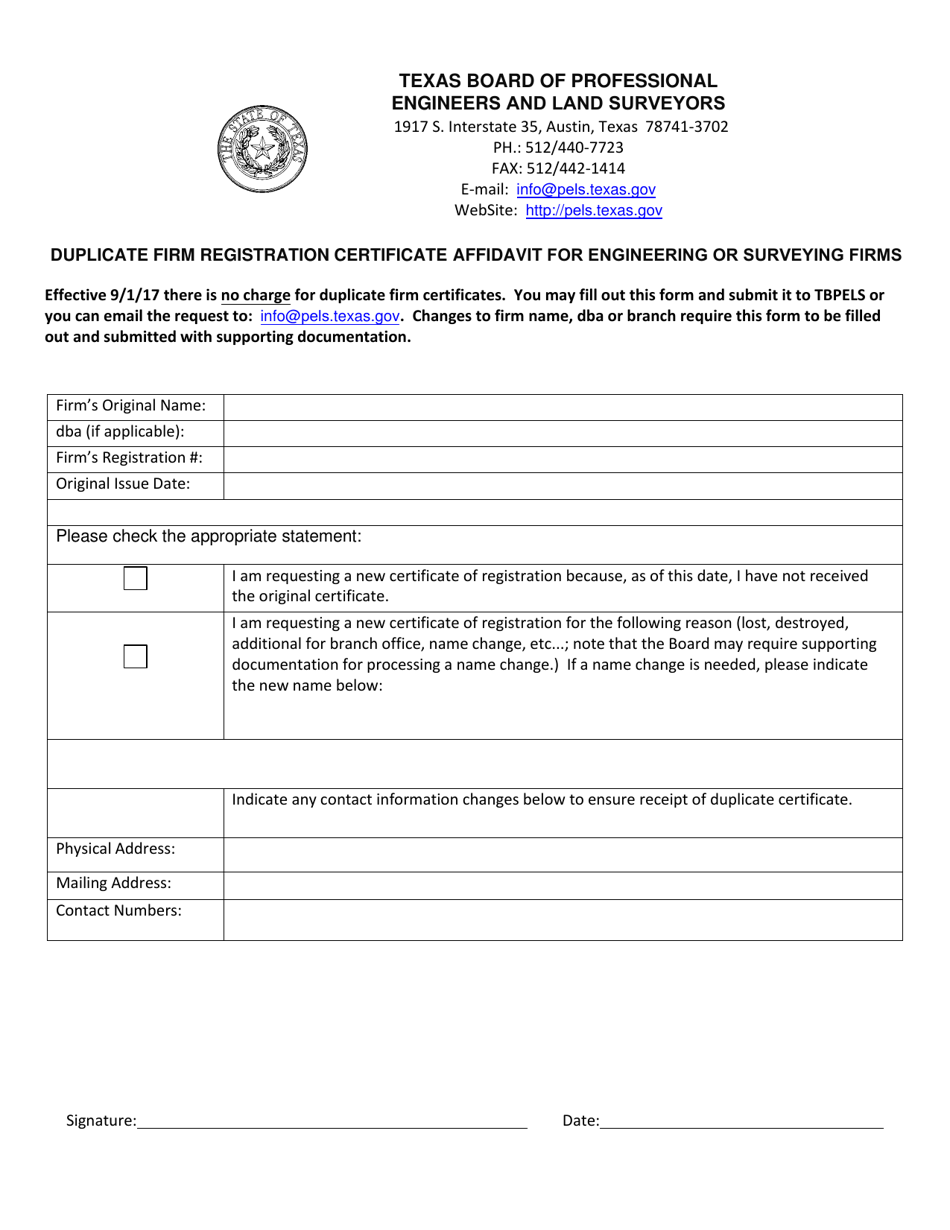 Duplicate Firm Registration Certificate Affidavit for Engineering or Surveying Firms - Texas, Page 1