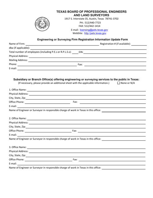 Engineering or Surveying Firm Registration Information Update Form - Texas Download Pdf