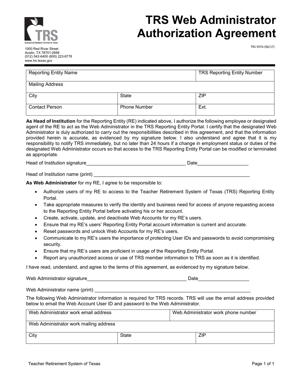Form TRS597A Trs Web Administrator Authorization Agreement - Texas, Page 1