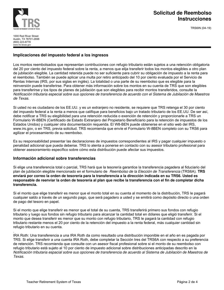Formulario TRS6 Solicitud De Reembolso - Texas (Spanish), Page 4