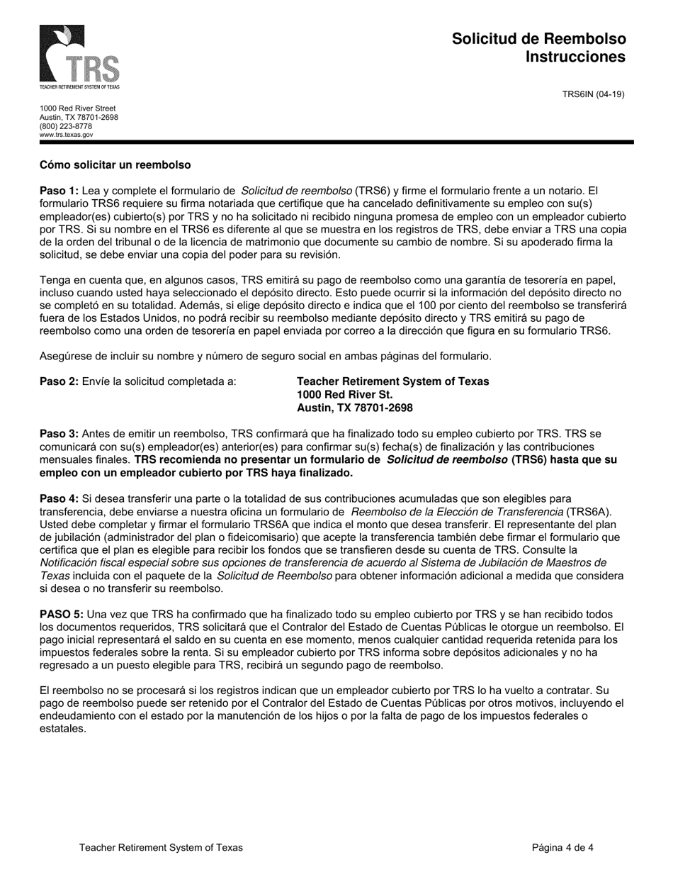 Formulario TRS6 Solicitud De Reembolso - Texas (Spanish), Page 6