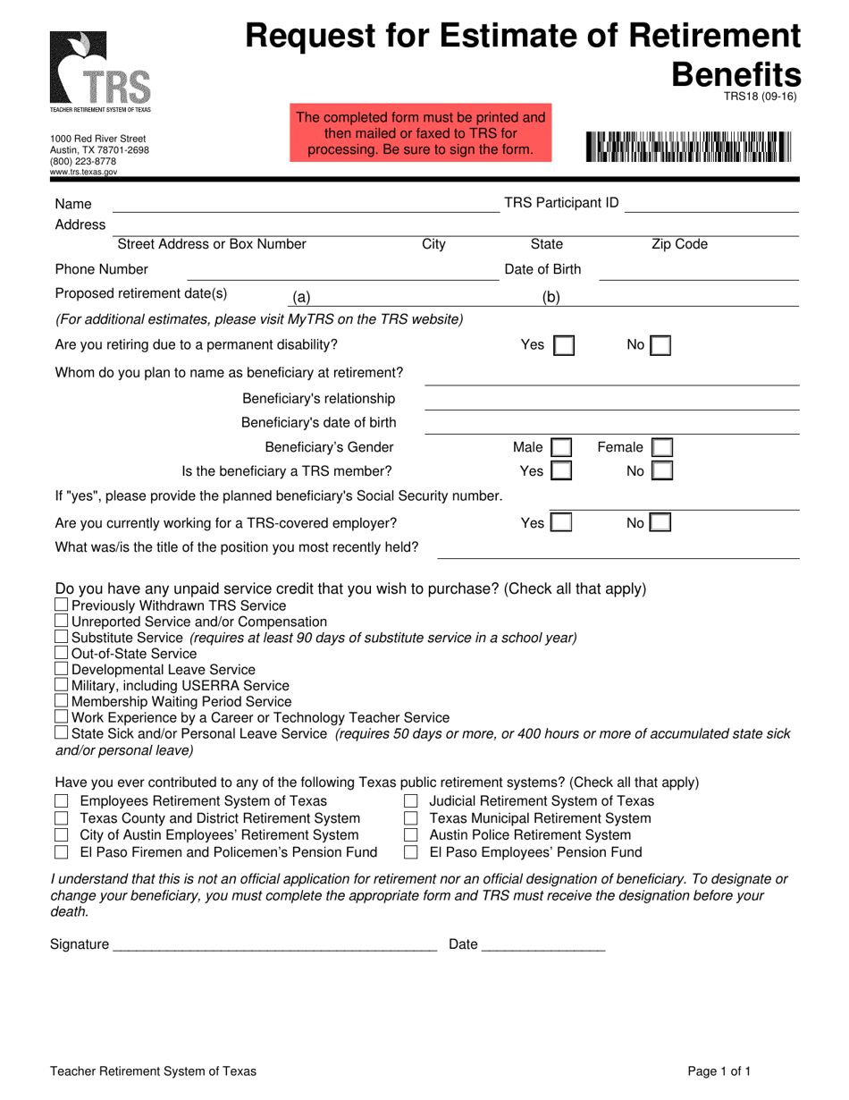 Form TRS18 Request for Estimate of Retirement Benefits - Texas, Page 1