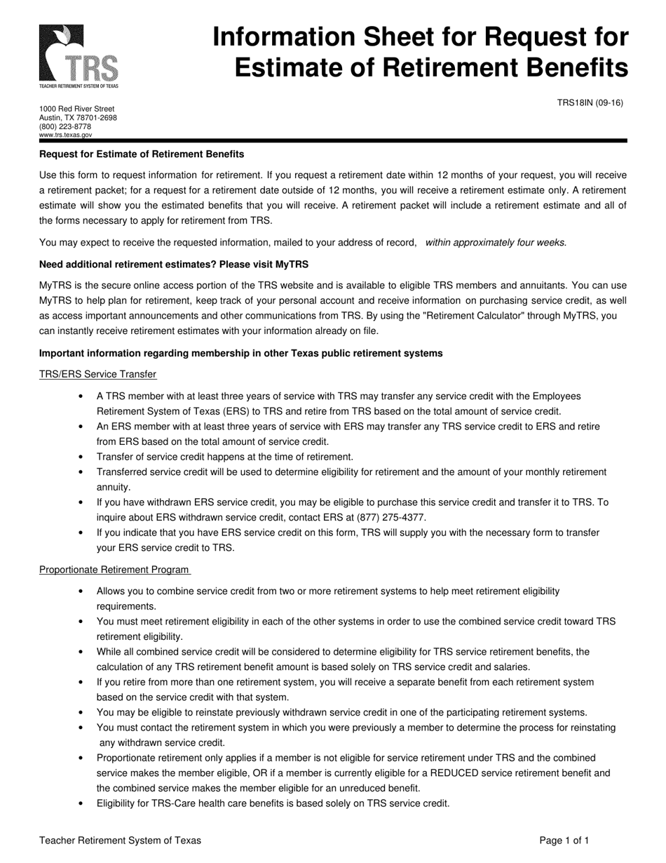 Form TRS18 Request for Estimate of Retirement Benefits - Texas, Page 2