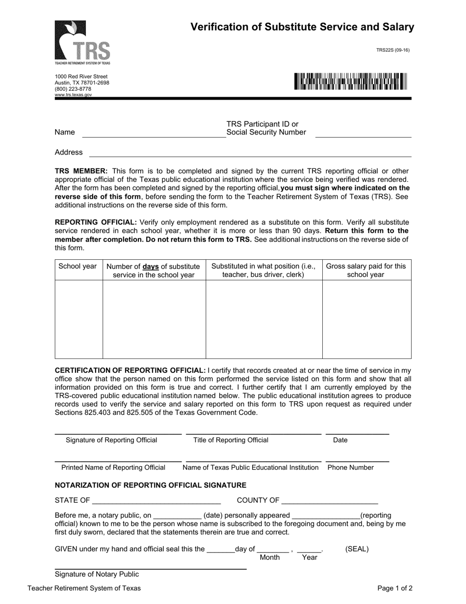 Form TRS22S Verification of Substitute Service and Salary - Texas, Page 1