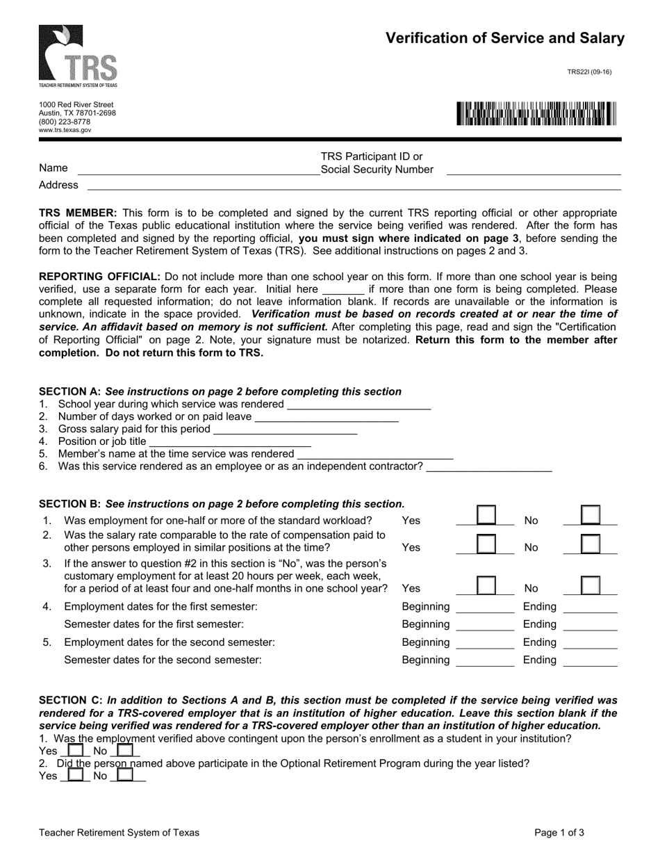 Form TRS22I Verification of Service and Salary - Texas, Page 1