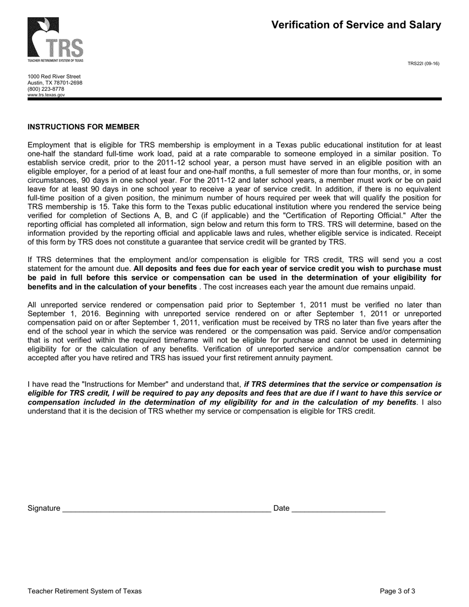 Form TRS22I Verification of Service and Salary - Texas, Page 3