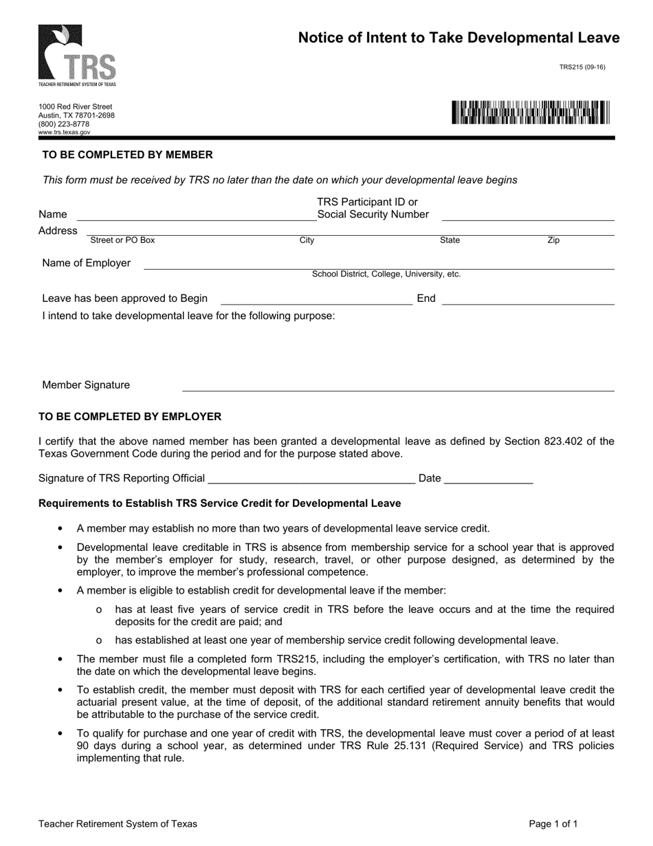 Form TRS215 - Fill Out, Sign Online and Download Fillable PDF, Texas ...