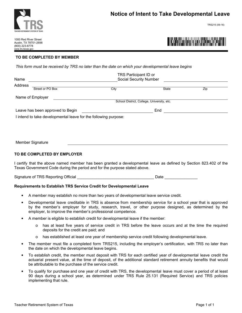 Form TRS215 Notice of Intent to Take Developmental Leave - Texas, Page 1