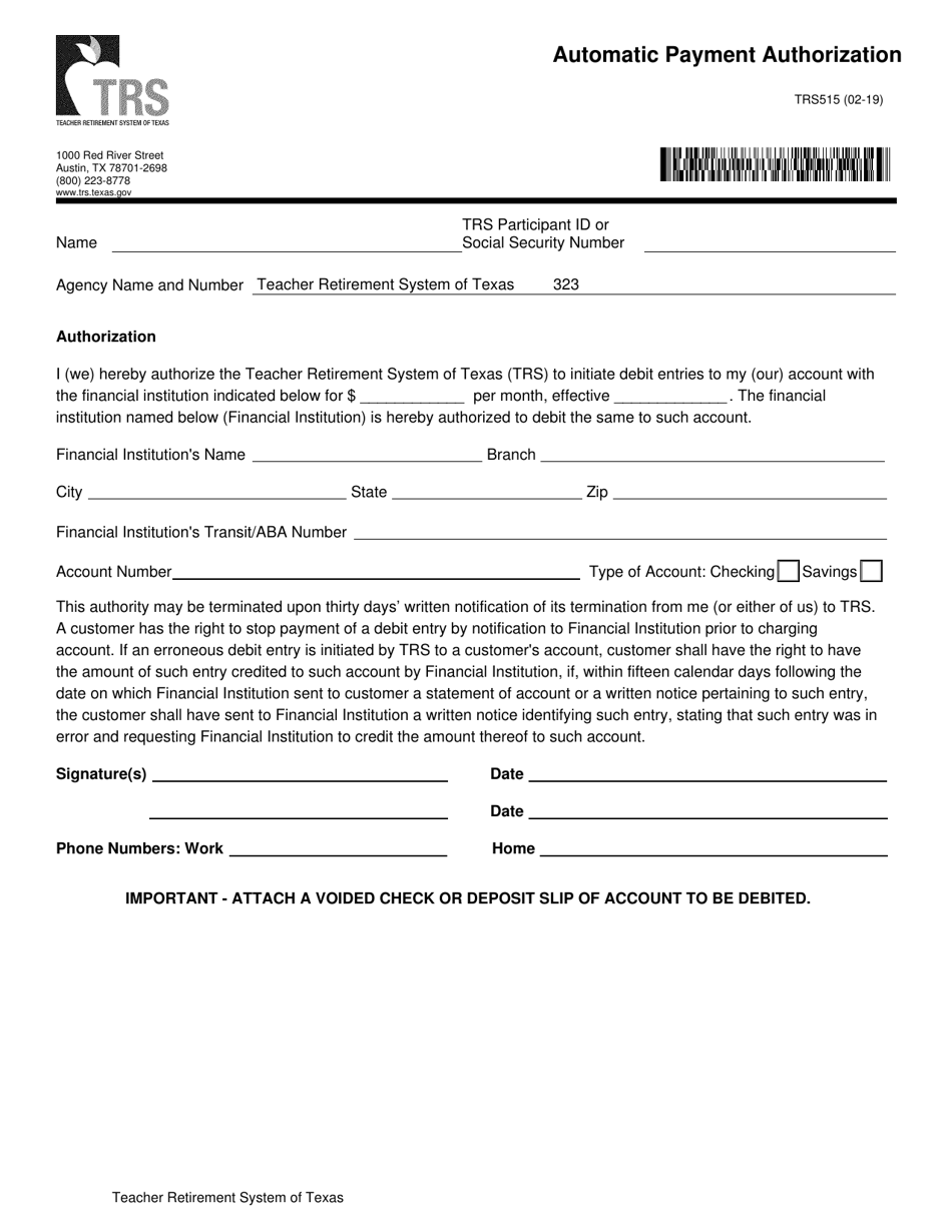 Form TRS515 Automatic Payment Authorization - Texas, Page 1