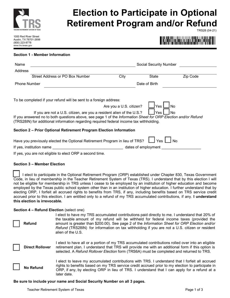 Form TRS28 Election to Participate in Optional Retirement Program and / or Refund - Texas, Page 1