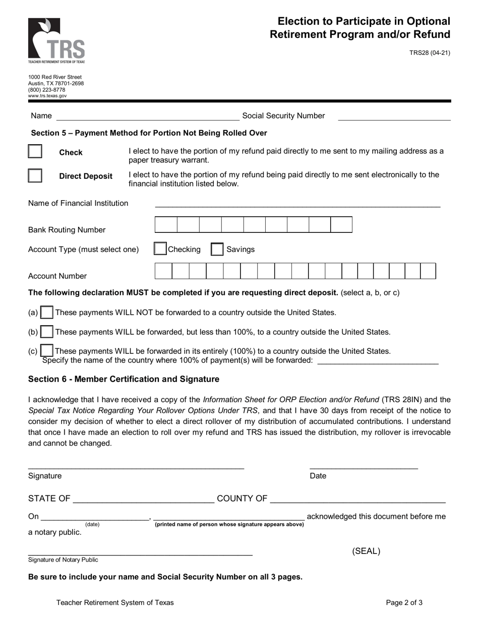 Form TRS28 Election to Participate in Optional Retirement Program and / or Refund - Texas, Page 2