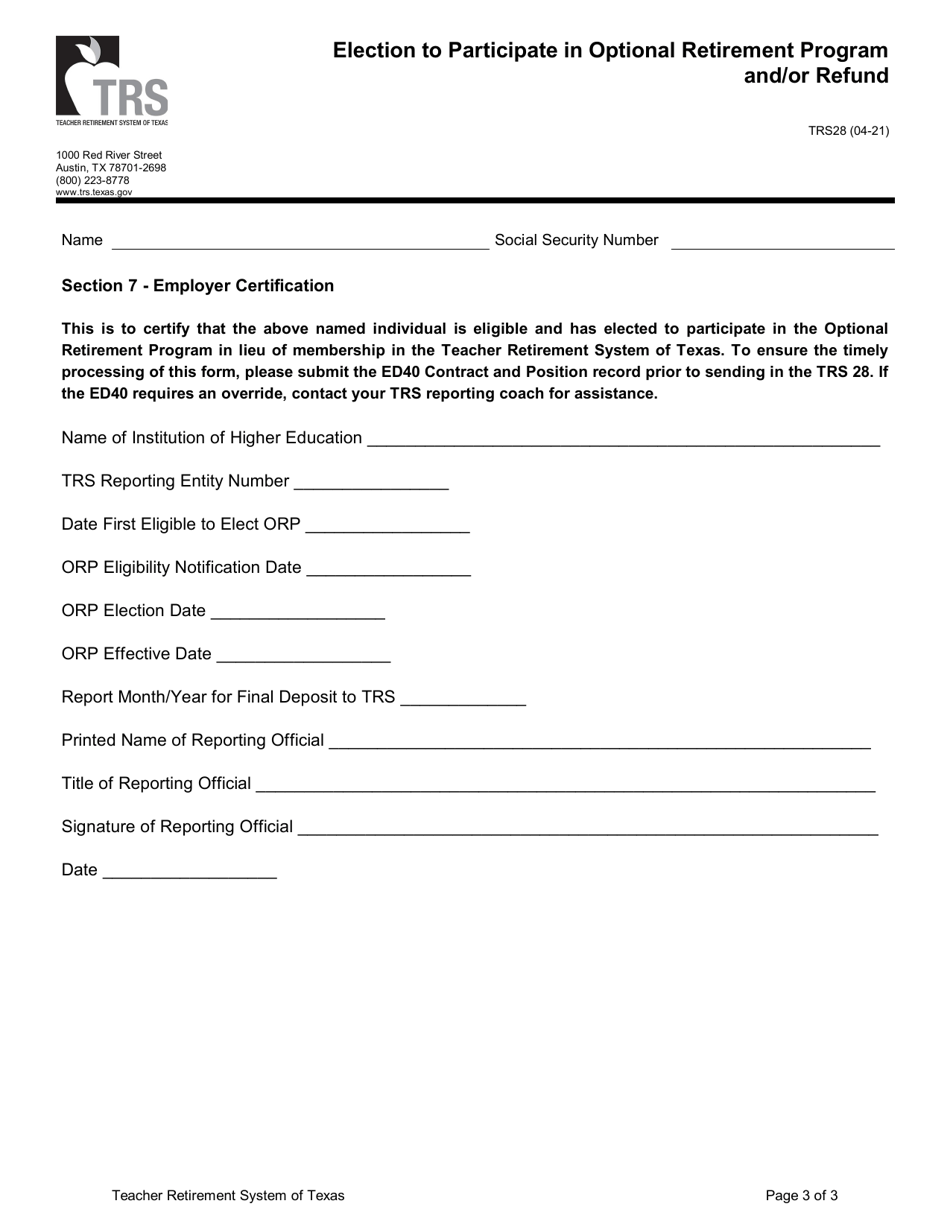 Form TRS28 Election to Participate in Optional Retirement Program and / or Refund - Texas, Page 3