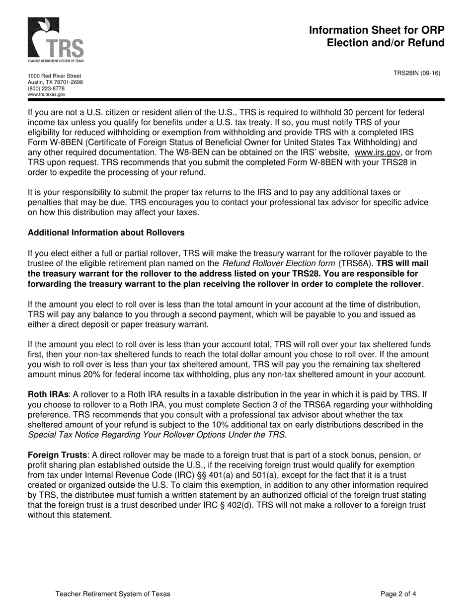 Form TRS28 Election to Participate in Optional Retirement Program and / or Refund - Texas, Page 5