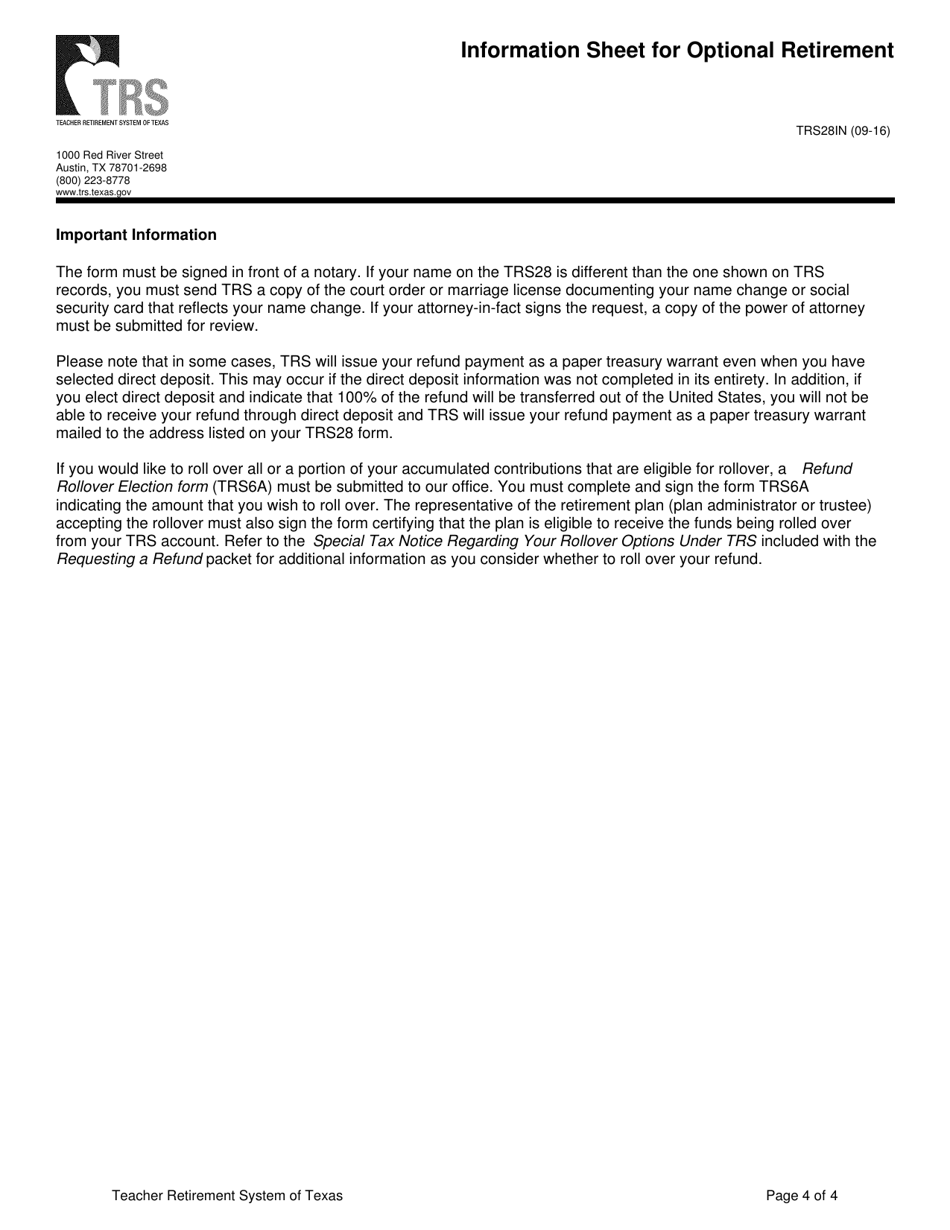 Form TRS28 Election to Participate in Optional Retirement Program and / or Refund - Texas, Page 7