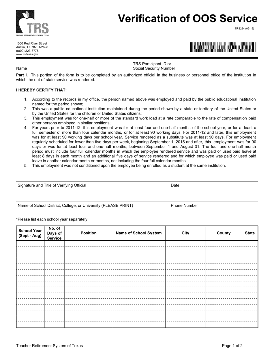 Form TRS224 Verification of Oos Service - Texas, Page 1