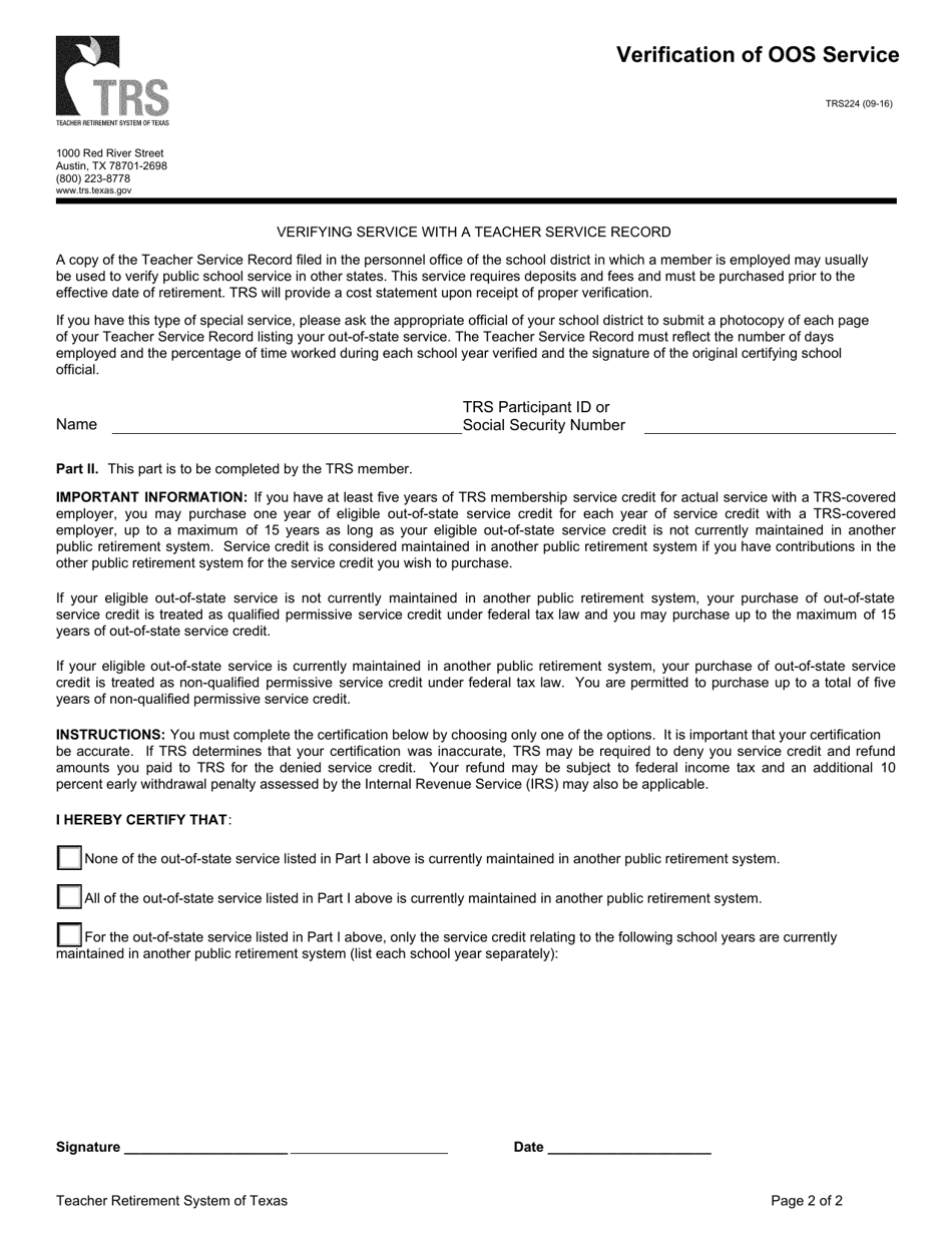 Form TRS224 Verification of Oos Service - Texas, Page 2