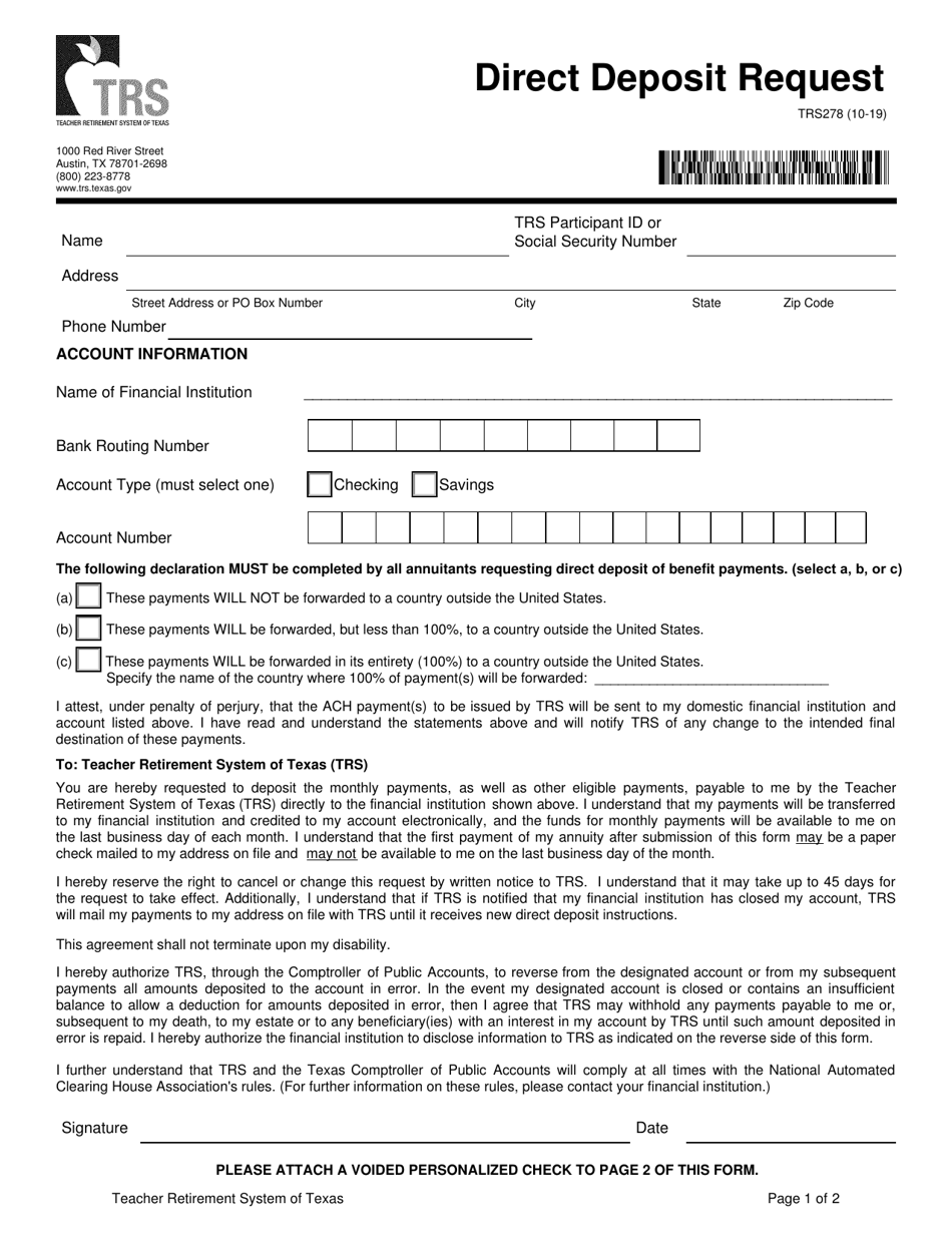 Form TRS278 Direct Deposit Request - Texas, Page 1