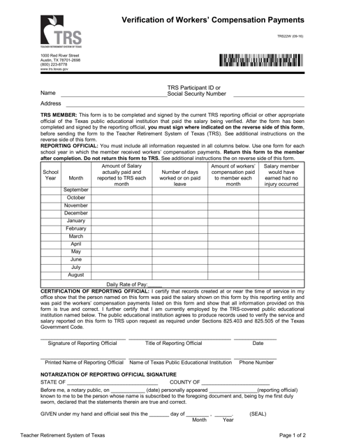 Form TRS22W Verification of Workers' Compensation Payments - Texas