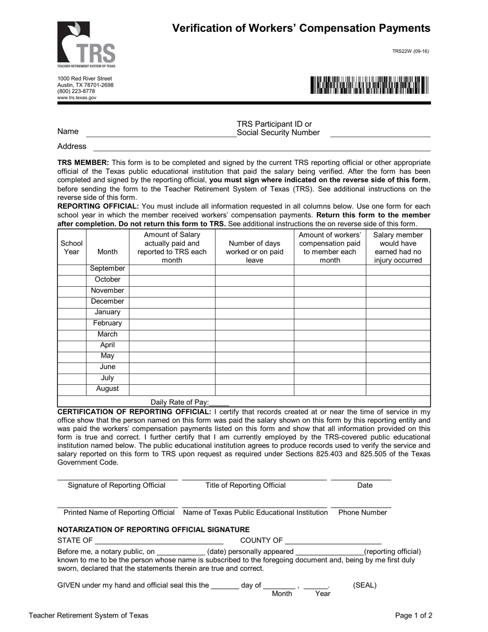 Form TRS22W Verification of Workers Compensation Payments - Texas, Page 1