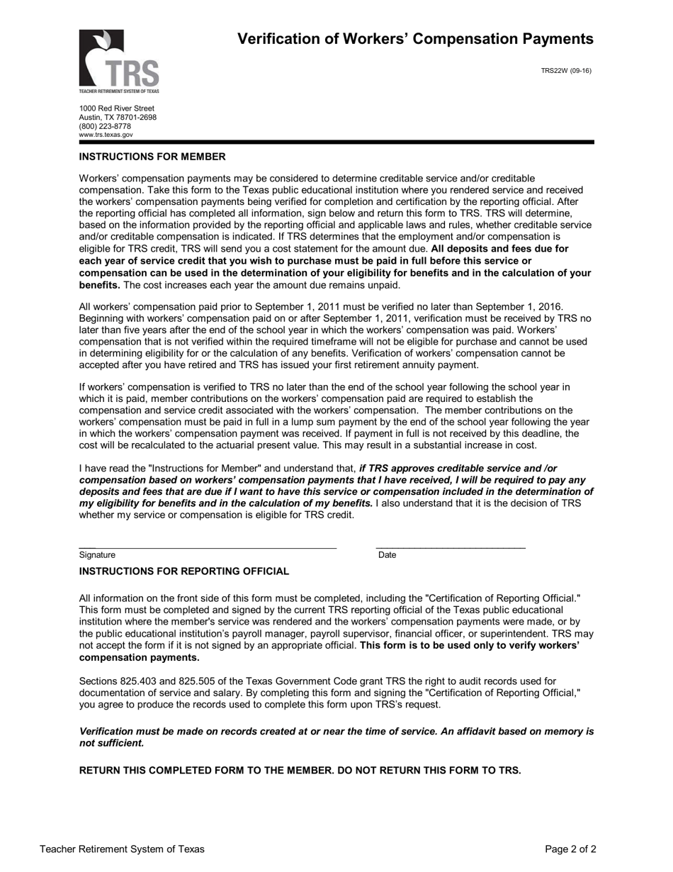 Form TRS22W Verification of Workers Compensation Payments - Texas, Page 2