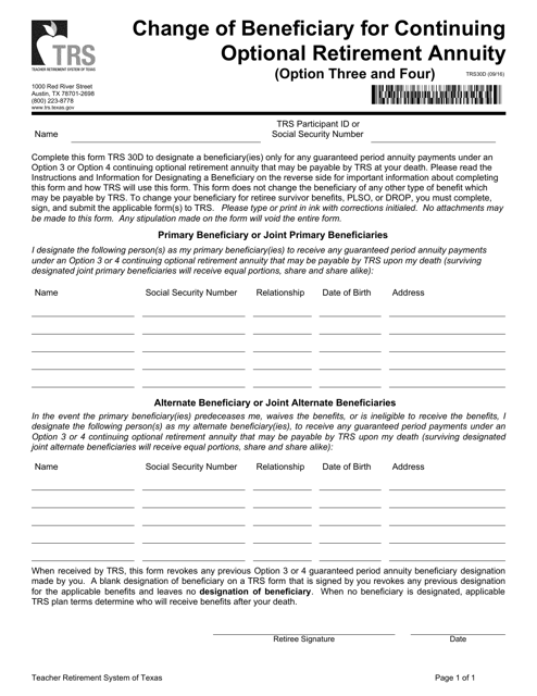 Form TRS30D Change of Beneficiary for Continuing Optional Retirement Annuity (Option Three and Four) - Texas