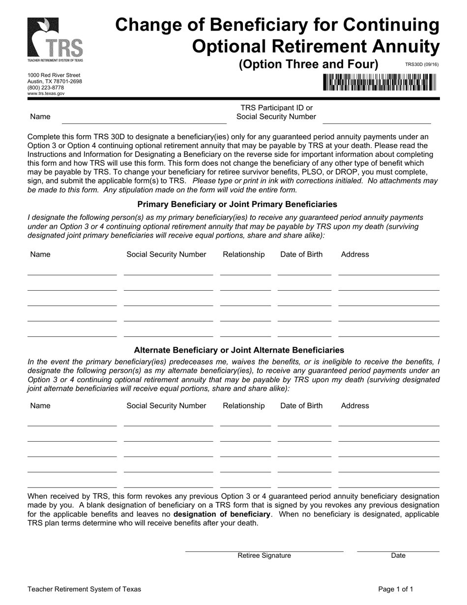 Form TRS30D Change of Beneficiary for Continuing Optional Retirement Annuity (Option Three and Four) - Texas, Page 1