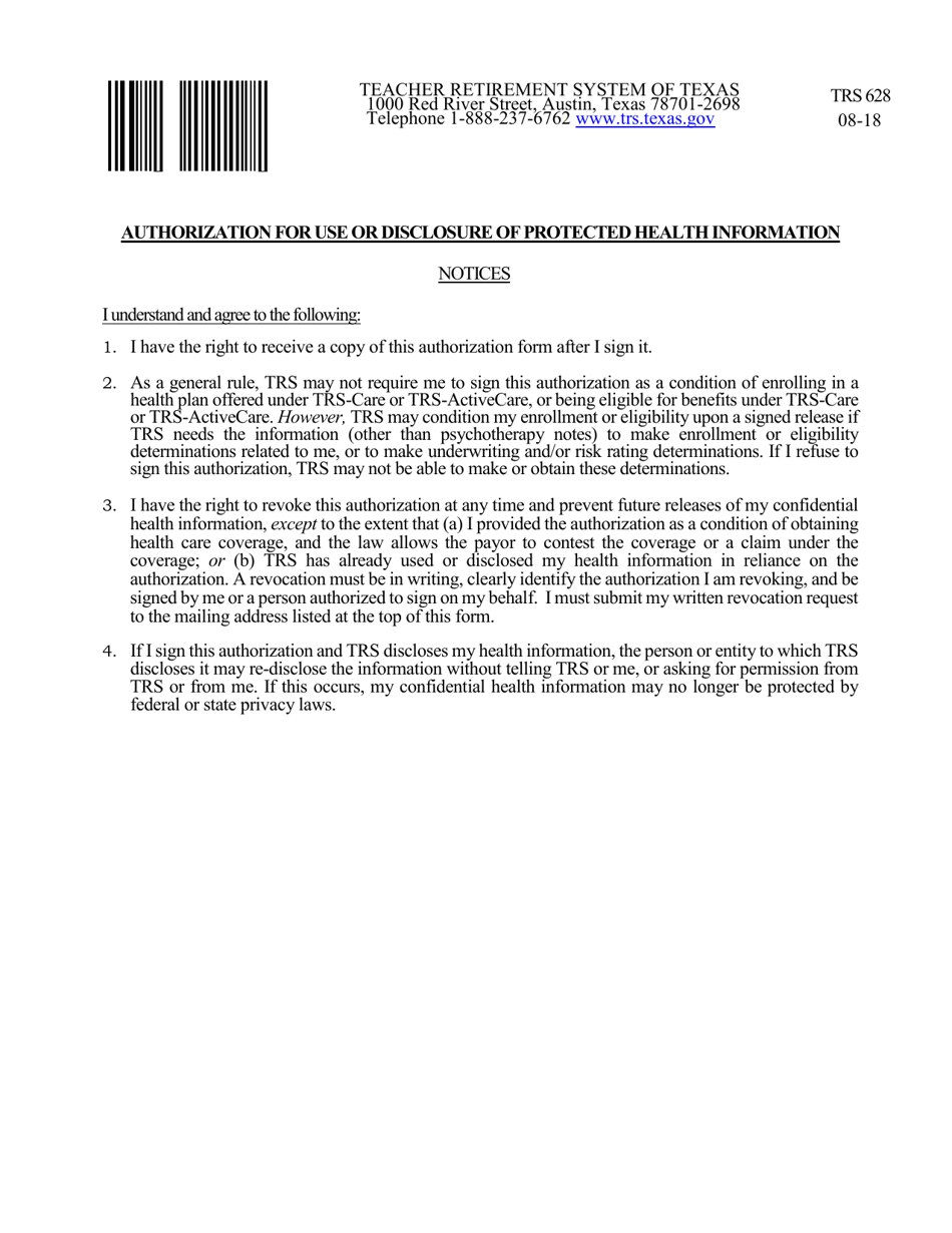 Form TRS628 Authorization for Use or Disclosure of Protected Health Information - Texas, Page 1