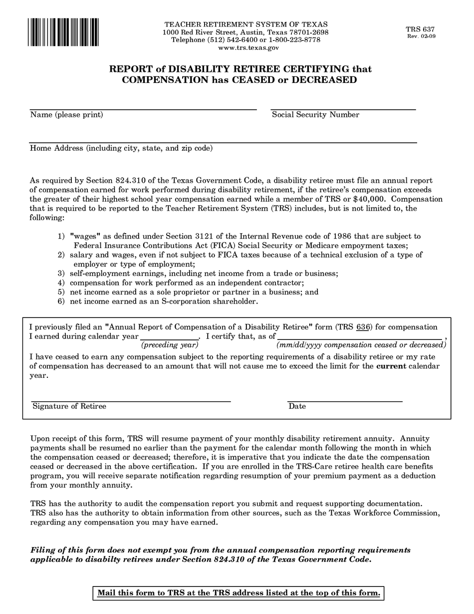 Form TRS637 Report of Disability Retiree Certifying That Compensation Has Ceased or Decreased - Texas, Page 1