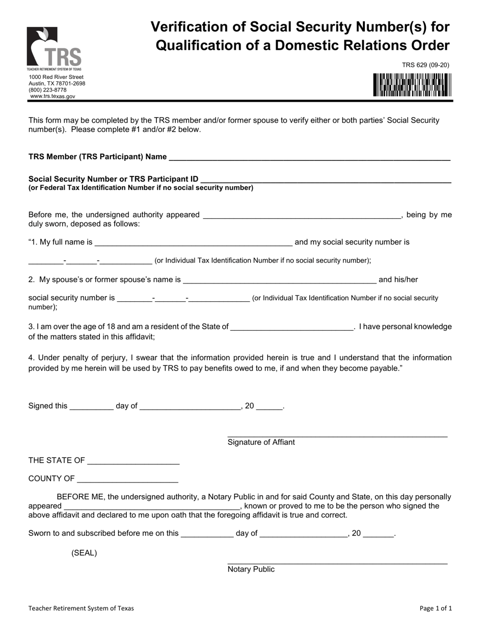 Form TRS629 Verification of Social Security Number(S) for Qualification of a Domestic Relations Order - Texas, Page 1